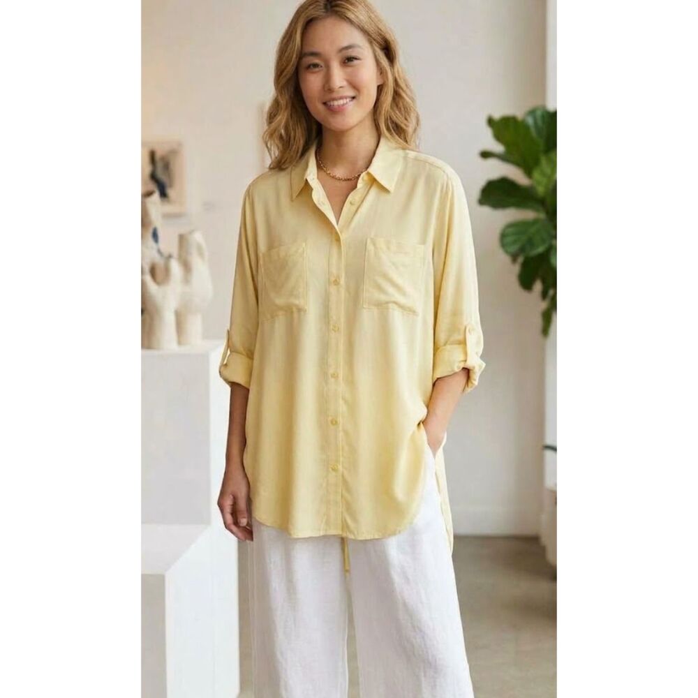 New Chico's Back Pleat Roll Sleeve Button Down Shirt Women's Large (Chico's 2)